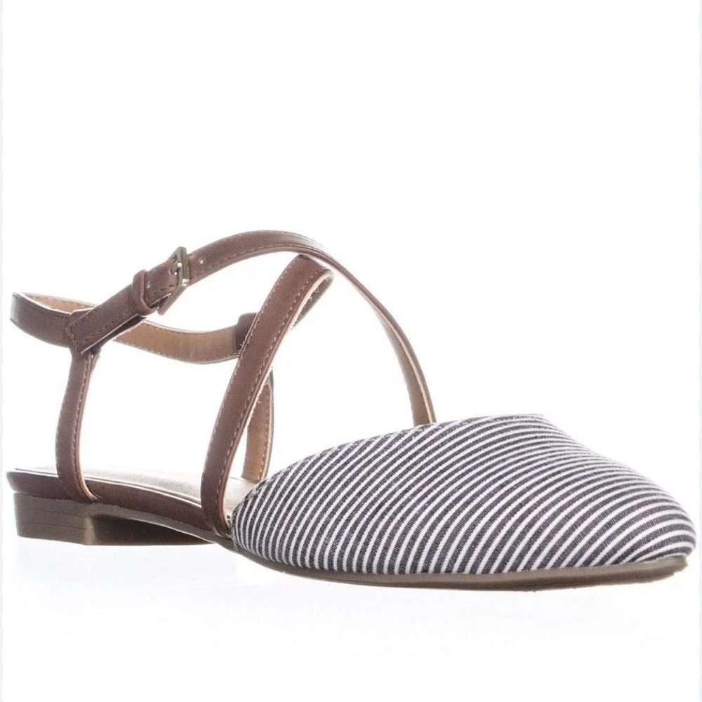 Indigo Striped Blue and White Sandals with Brown Straps